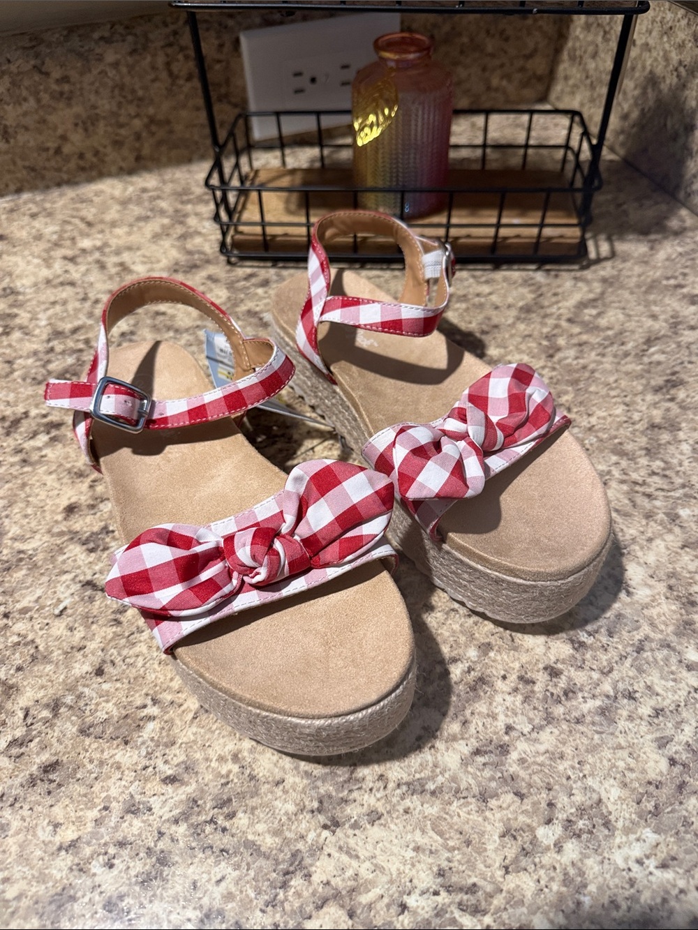 Cat & Jack Kids Daphne Red & White Gingham Bow Platform Espadrille Sandals New